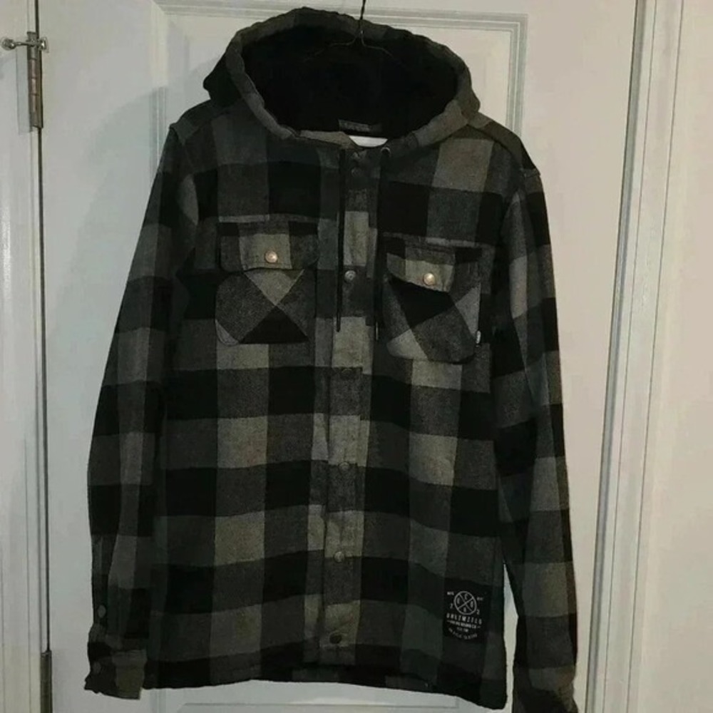 Ecko Unlimited Flannel Shirt Jacket Mens Small Plaid Sherpa Lined Hooded